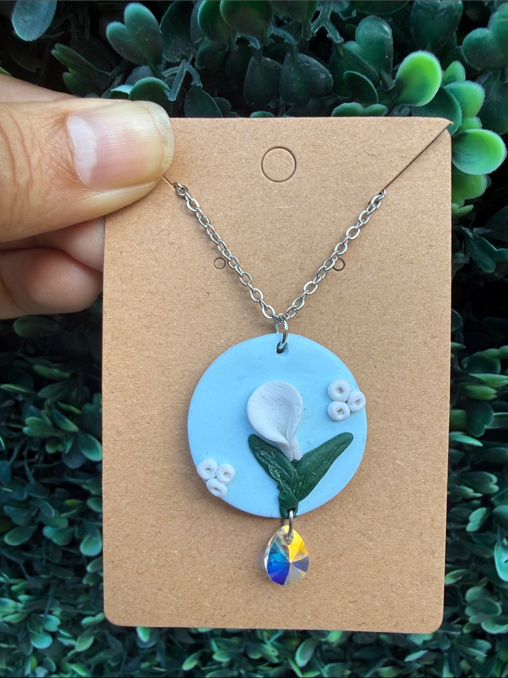 Handmade Blue Floral Pendant Necklace with Iridescent Crystal Drop